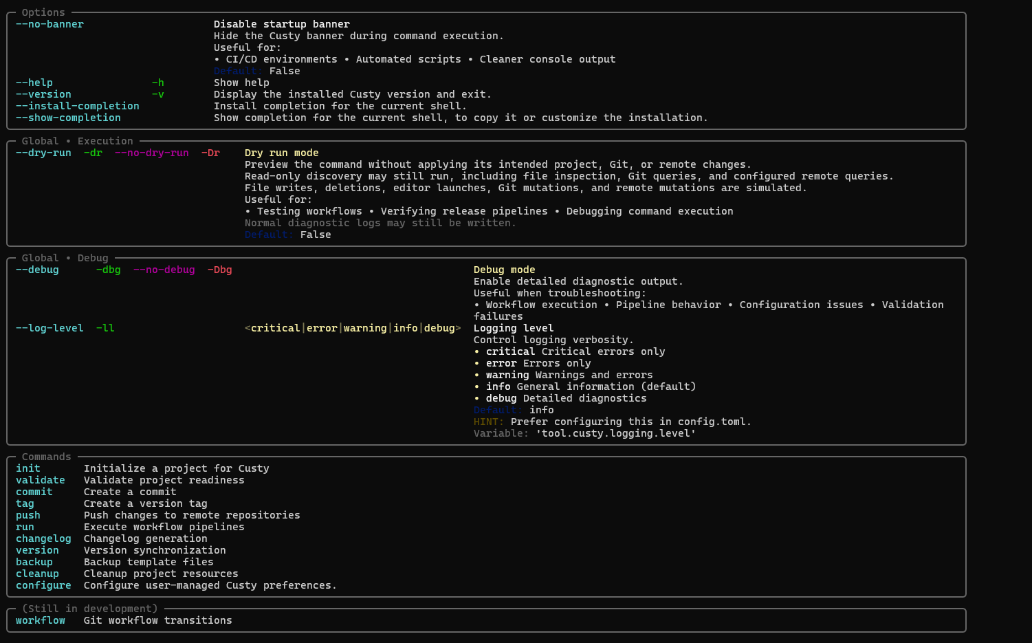 Custy — Git Workflow & Release Automation CLI (Help Main Options)