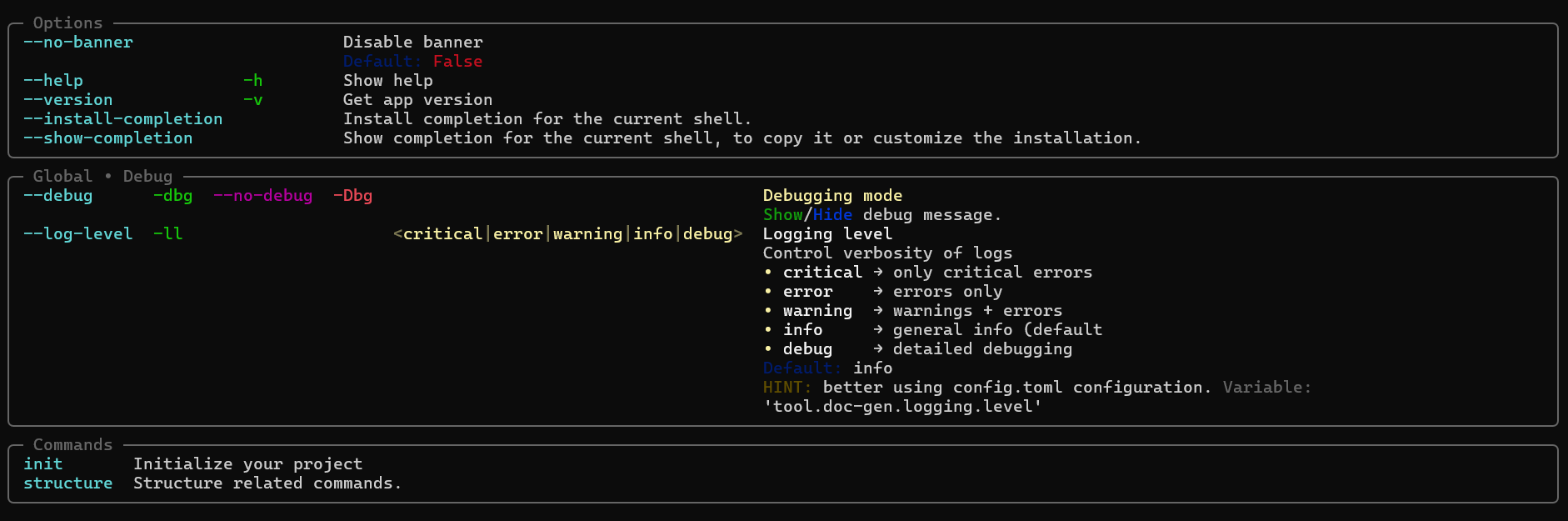 Doc Gen — Repository Structure Documentation CLI (Help Main Options)