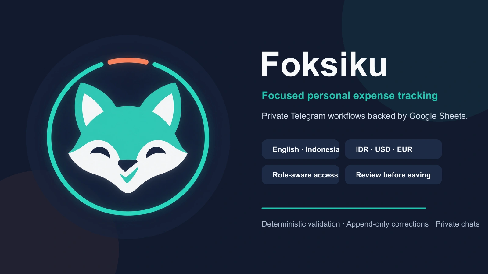 Foksiku Focused Fox identity and private Telegram expense-tracking capabilities