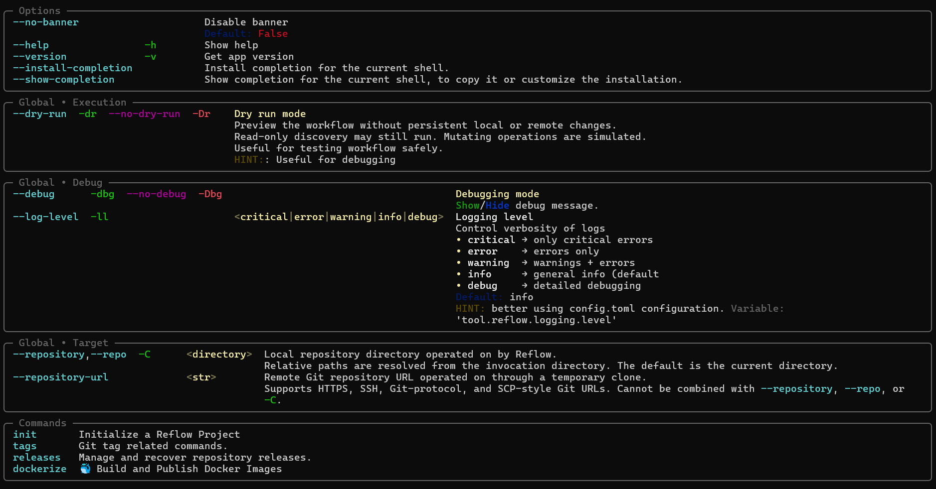 Reflow — Repository Release Maintenance CLI (Help Main Options)