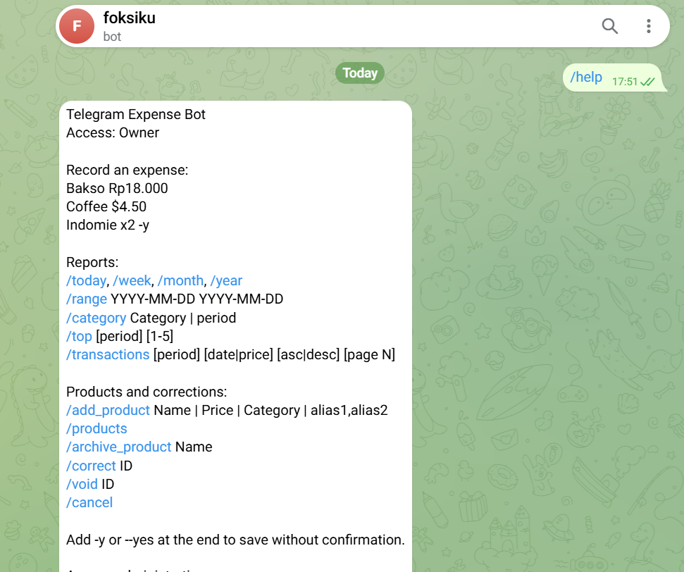 Telegram Expense Bot — Pelacak Pengeluaran Pribadi Berbasis Spreadsheet (Preview)